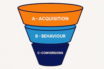 A funnel showing the ABC model framework for measuring business KPIs.