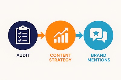 Digital marketing flowchart showing audit, content strategy, and brand mentions process.