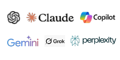Logos of AI chatbot platforms including Claude, Copilot, Gemini, Grok, and Perplexity.