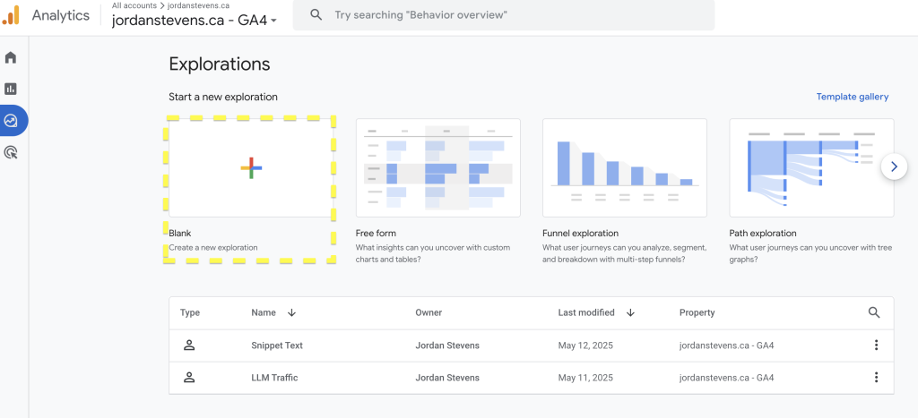 Google Analytics 4 explorations dashboard showing options for blank, free form, funnel, and path analysis.