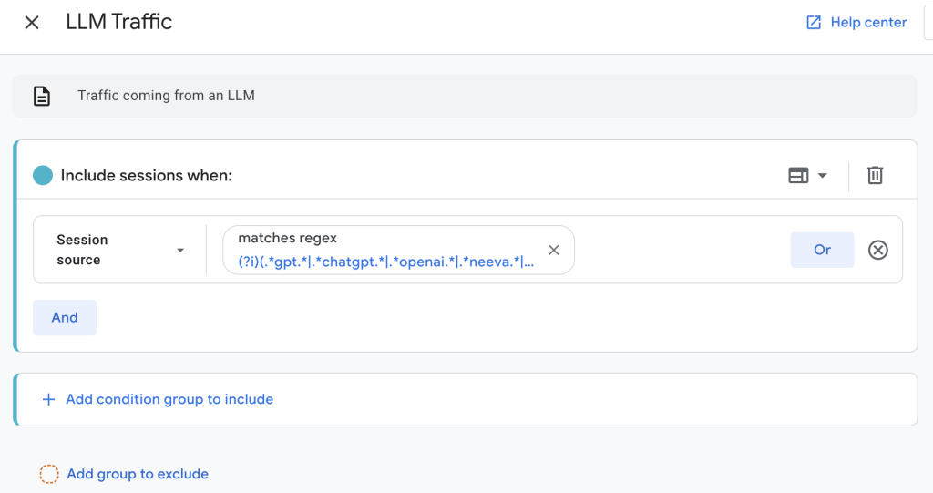 Google Analytics LLM traffic filter using regex for session source conditions.